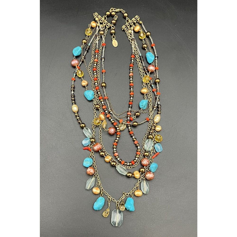 Vtg Rachel Reinhardt NY 8 Strand Women’s Necklace Gold Tone Turquoise Crystals